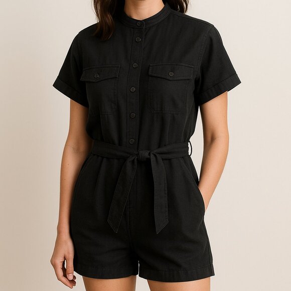 NWOT GAP Linen Cotton Black Button Up Romper Tie Waist Short Sleeve Sz S - Picture 1 of 7